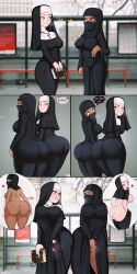 Rule 34 | 2girls, ass, bible, black dress, black panties, blush, book, breasts, butt crack, covered erect nipples, covered mouth, cross, curvy, dark-skinned female, dark skin, dress, face mask, female masturbation, heart, highres, hijab, huge ass, jewelry, large breasts, lip biting, looking at another, looking at ass, mask, masturbation, mole, mole on ass, mole under eye, multiple girls, necklace, nun, panties, shadman, speech bubble, standing, sweatdrop, underwear, wide-eyed