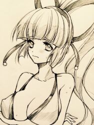1girl bikini breasts cleavage crossed_arms hair_ribbon highres large_breasts long_hair looking_at_viewer majikina_mina monochrome ponytail ribbon samurai_spirits sketch snk solo sweat swimsuit traditional_media very_long_hair