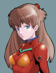 Rule 34 | 1girl, bad id, bad pixiv id, blue eyes, bodysuit, breasts, brown hair, dk, expressionless, from side, grey background, hair ornament, long hair, looking at viewer, neon genesis evangelion, pilot suit, plugsuit, red hair, simple background, small breasts, solo, souryuu asuka langley, turtleneck, two side up, upper body