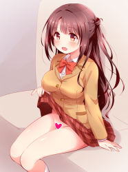 Rule 34 | 1girl, :d, blush, breasts, brown eyes, brown hair, brown jacket, buttons, censored, clothes lift, commentary, dress shirt, grey background, groin, heart, heart censor, idolmaster, idolmaster cinderella girls, jacket, large breasts, legs together, lifted by self, long hair, looking to the side, mikan-ya, no panties, open mouth, parted bangs, plaid, plaid skirt, red ribbon, ribbon, shimamura uzuki, shirt, side ponytail, sitting, skirt, skirt lift, smile, socks, thighs, white shirt