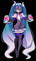 Rule 34 | 1girl, absurdly long hair, absurdres, bare shoulders, black background, black skirt, black sleeves, black thighhighs, blue hair, commentary, creatures (company), detached arm, detached legs, detached sleeves, full body, game freak, ghost miku (project voltage), glitch, gradient hair, grey shirt, hair between eyes, hands up, hatsune miku, highres, long hair, looking at viewer, multicolored hair, necktie, nintendo, parted lips, pokemon, print sleeves, project voltage, rere soft, see-through, see-through skirt, shirt, simple background, skirt, sleeveless, sleeveless shirt, sleeves past fingers, sleeves past wrists, solo, standing, thighhighs, twintails, very long hair, vocaloid, white hair, white necktie, yellow eyes
