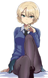 Rule 34 | 1girl, black necktie, black pantyhose, blonde hair, blue skirt, blue sweater, blush, braid, collared shirt, darjeeling (girls und panzer), french braid, girls und panzer, green eyes, hair between eyes, highres, knee to chest, loafers, long sleeves, looking at viewer, medium hair, necktie, pantyhose, pleated skirt, school uniform, shirt, shoes, simple background, skirt, smile, solo, st. gloriana&#039;s school uniform, suberaku, sweater, white background, white shirt
