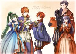 Rule 34 | 2girls, 3boys, artist name, belt, blue dress, blue eyes, blue hair, boots, bouquet, box, breasts, cape, closed eyes, copyright name, cowboy shot, dated, dress, eliwood (fire emblem), eliwood (valentine) (fire emblem), father and daughter, father and son, fire emblem, fire emblem: the binding blade, fire emblem: the blazing blade, fire emblem heroes, flower, gift, gift box, green eyes, green hair, hat, headband, hector (fire emblem), hector (valentine) (fire emblem), interlocked fingers, lilina (fire emblem), lilina (valentine) (fire emblem), long hair, long sleeves, lyn (fire emblem), lyn (valentine) (fire emblem), medium breasts, multiple boys, multiple girls, nintendo, open mouth, own hands clasped, own hands together, ponytail, puffy long sleeves, puffy pants, puffy sleeves, red dress, red hair, roy (fire emblem), roy (valentine) (fire emblem), shoochiku bai, short hair, smile, valentine