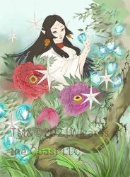 Rule 34 | 1girl, 2021, black hair, choker, closed mouth, company name, earrings, flower, flower request, food, fruit, gold earrings, grass, green eyes, holding, holding food, holding fruit, holding own wrist, japanese clothes, jewelry, kimono, leaf, long hair, looking at viewer, magic: the gathering, pinky out, pointy ears, purple flower, red flower, red neckwear, sakuma yuka, solo, star (symbol), tree, watermark, white kimono