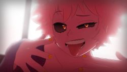Rule 34 | ashido mina, backlighting, black sclera, bloom, boku no hero academia, close-up, collarbone, colored sclera, colored skin, commentary, english commentary, greatm8, half-closed eye, hands up, highres, indoors, long sleeves, looking at viewer, nail polish, open mouth, pink hair, pink skin, purple shirt, shirt, sleeves past wrists, solo, source filmmaker (medium), teeth, tongue, tongue out, window, yellow eyes, yellow nails