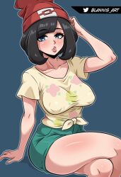 1girl absurdres arm_up beanie black_hair blannis blush breasts covered_erect_nipples creatures_(company) game_freak green_shorts hat highres large_breasts looking_at_viewer nintendo pokemon pokemon_sm selene_(pokemon) shirt shorts thighs tied_shirt