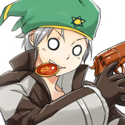 Rule 34 | 1boy, brown coat, brown gloves, clenched teeth, coat, coin, commentary request, gloves, green headwear, grey coat, grey hair, gun, gunslinger (ragnarok online), handgun, hexagram, holding, holding gun, holding weapon, looking at viewer, male focus, mouth hold, multicolored coat, natsuya (kuttuki), o o, ragnarok online, revolver, short hair, simple background, solo, teeth, two-tone coat, upper body, weapon, white background