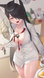 Rule 34 | 1girl, animal ear fluff, black hair, black ribbon, bottle, bread, bread slice, breasts, cleavage, coffee cup, collared shirt, commission, copyright request, cup, disposable cup, food, hair over one eye, highres, large breasts, long hair, no pants, open mouth, partially unbuttoned, red eyes, red ribbon, ribbon, rushian, shirt, skeb commission, solo, spoon, tail, toast, two-tone ribbon, utensil, whisk, white shirt