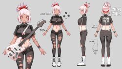Rule 34 | 1girl, anchor tattoo, arm tattoo, artist request, bass guitar, black pants, black shirt, boots, chain, chain earrings, character name, character sheet, collared shirt, colored tips, crop top, cross-shaped pupils, english text, fefe (vtuber), fender precision bass, flower tattoo, full body, grey background, hair ribbon, highres, indie virtual youtuber, instrument, midriff, mismatched pupils, multicolored hair, multiple bracelets, multiple views, navel piercing, open fly, panties, pants, piercing, pink hair, pink nails, pocket, red panties, red ribbon, ribbon, shirt, suspenders, symbol-shaped pupils, tan, tattoo, torn clothes, torn pants, underwear, virtual youtuber, white footwear