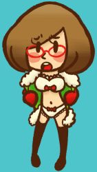 Rule 34 | 1girl, aliasing, blush, blush stickers, bow, bow bra, bow panties, bra, breasts, brown hair, coat, female focus, full body, glasses, lingerie, looking at viewer, mittens, navel, nikki (swapnote), nintendo, no shoes, open mouth, panties, pigeon-toed, red-framed eyewear, simple background, solo, standing, swapnote, thighhighs, underwear, white bra, white panties