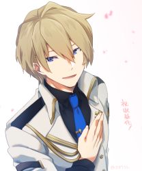 Rule 34 | 1boy, 347th, black footwear, blonde hair, blue eyes, blue necktie, commentary request, hair between eyes, hand on own chest, holostars, jacket, kishido temma, long sleeves, looking at viewer, male focus, necktie, open mouth, petals, short hair, smile, solo, translation request, twitter username, upper body, virtual youtuber, white jacket