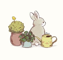 Rule 34 | ayu (mog), rabbit, commentary, no humans, original, plant, pot, potted plant, signature, symbol-only commentary, watering can