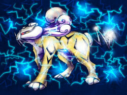 Rule 34 | animal focus, artist request, blue background, brown fur, creatures (company), electricity, full body, game freak, gen 2 pokemon, glowing, glowing eyes, legendary pokemon, nintendo, no humans, pokemon, pokemon (creature), raikou, red eyes, simple background, solo, standing, tail, white hair