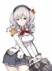Rule 34 | 10s, 1girl, blue eyes, breasts, female focus, gloves, groin, hat, kantai collection, kashima (kancolle), large breasts, looking at viewer, military, military uniform, miniskirt, pleated skirt, silver hair, simple background, skirt, smile, solo, thigh gap, tsurime, twintails, uniform, white background, white gloves, wide hips, youcapriccio, yuu (higashi no penguin)