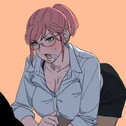 Rule 34 | after fellatio, black skirt, breasts, buttons, character request, check character, cleavage, cum, earrings, facial, glasses, green eyes, highres, jewelry, large breasts, onsen tamago (hs egg), open mouth, orange background, original, pantyhose, partially unbuttoned, pencil skirt, pink hair, ponytail, shirt, short hair, simple background, skirt, sweat, white shirt