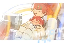 Rule 34 | 2girls, blush, closed eyes, cup, elnora samaya, gloves, gundam, gundam suisei no majo, hair ornament, hairclip, happy, holding, holding cup, long sleeves, mother and daughter, multiple girls, open mouth, red hair, short hair, sitting, smile, spacesuit, suletta mercury, thick eyebrows, x hair ornament, xinhao
