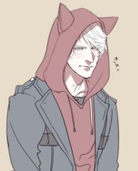 Rule 34 | 1boy, animal hood, black shirt, blue eyes, blush, cat hood, devil may cry, devil may cry (series), devil may cry 4, dmc pa, drawstring, hood, hood up, hoodie, male focus, nero (devil may cry), shirt, short hair, simple background, solo, undershirt, upper body, white hair, yellow background