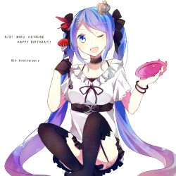 Rule 34 | 1girl, bad id, bad pixiv id, black thighhighs, blue eyes, blue hair, bracelet, character name, choker, dated, fang, fingerless gloves, food, fork, fruit, garter straps, gloves, hair ornament, hairclip, happy birthday, hatsune miku, highres, jewelry, long hair, matching hair/eyes, nanasaki (humkuru), one eye closed, open mouth, plate, simple background, sitting, solo, strawberry, thighhighs, twintails, very long hair, vocaloid, white background, wink, world is mine (vocaloid)