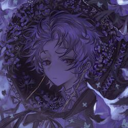 Rule 34 | 1boy, chundizhouqin, closed mouth, earrings, expressionless, eyebrows hidden by hair, flower, highres, jewelry, looking at viewer, male focus, portrait, purple flower, purple hair, purple theme, red eyes, saibou shinkyoku, shirt, short hair, solo, theodore riddle, white shirt