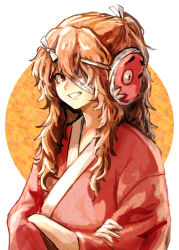 Rule 34 | 1other, ametsukana yago, androgynous, bandage over one eye, brown hair, commentary request, crossed arms, grin, hemo (hemoroda), hyottoko mask, japanese clothes, kimono, len&#039;en, long hair, mask, mask on head, orange eyes, red kimono, simple background, sleeves past elbows, smile, solo, upper body