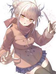 Rule 34 | 1girl, :o, absurdres, arm up, bags under eyes, black thighhighs, blonde hair, blue sailor collar, blue skirt, blunt bangs, blush, boku no hero academia, cardigan, coat, double bun, duffel coat, hair bun, hair up, highres, holding, holding knife, knife, looking at viewer, messy hair, narrowed eyes, open mouth, pleated skirt, red neckwear, red scarf, sailor collar, scarf, school uniform, serafuku, sidelocks, simple background, skirt, solo, take (user ypzx8253), thighhighs, toga himiko, white background, winter clothes, winter coat, yellow cardigan, yellow eyes, zettai ryouiki