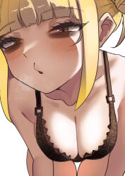 Rule 34 | 1girl, absurdres, bags under eyes, bare shoulders, bent over, black bra, black panties, blonde hair, blunt bangs, blush, boku no hero academia, bra, breasts, cleavage, collarbone, commentary, hanging breasts, heavy breathing, highres, looking at viewer, medium breasts, panties, romaji commentary, simple background, skindentation, slit pupils, solo, thigh gap, thighs, toga himiko, underwear, underwear only, white background, yellow eyes, zd (pixiv6210083)