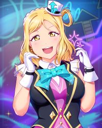 Rule 34 | 1girl, absurdres, aqua bow, aqua bowtie, black vest, blonde hair, blush, bow, bowtie, braid, breasts, collared shirt, cowboy shot, crown braid, dutch angle, earrings, french braid, gloves, hair rings, hat, highres, jewelry, large breasts, looking at viewer, love live!, love live! sunshine!!, medium hair, mini hat, mini top hat, ohara mari, open mouth, shirt, sleeveless, smile, solo, top hat, tsumikiy, vest, white gloves, yellow eyes