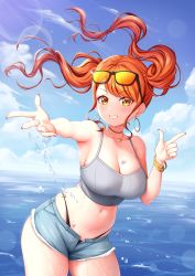 Rule 34 | 1girl, artist request, ass, bare shoulders, beach, bikini, bikini under clothes, blue sky, breasts, choker, cleavage, clenched teeth, collarbone, d4dj, heart, highres, large breasts, orange hair, seto rika, shorts, sky, smile, solo, sunglasses, swimsuit, tagme, tank top, teeth, twintails, water, yellow eyes