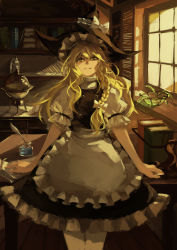 Rule 34 | 1girl, apron, blonde hair, blush, book, bottle, bow, braid, chemistry, female focus, hat, hat bow, highres, kirisame marisa, long hair, pen, puffy sleeves, short hair, short sleeves, side braid, single braid, skirt, solo, test tube, touhou, witch hat, yaozhiligenius, yellow eyes