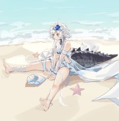 Rule 34 | 1girl, ahoge, arknights, between legs, blue flower, braid, chinese commentary, commentary request, crocodilian tail, flower, flower wreath, full body, hair ornament, hand between legs, highres, long hair, looking down, ocean, official alternate costume, one-piece swimsuit, pointy ears, sand, seashell, shell, shijiuqaq, single braid, sitting, solo, starfish, swimsuit, tail, thigh strap, thighs, tomimi (arknights), tomimi (silent night) (arknights), waist cutout, water, white flower, white hair, white one-piece swimsuit, x hair ornament, yellow eyes