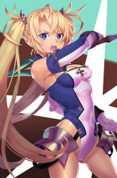 Rule 34 | 1girl, arm up, beppu mitsunaka, blonde hair, blue eyes, blush, bradamante (fate), bradamante (first ascension) (fate), breasts, cleavage, detached sleeves, fate/grand order, fate (series), gloves, holding, holding sword, holding weapon, long hair, long sleeves, looking at viewer, medium breasts, open mouth, solo, sword, teeth, twintails, upper teeth only, very long hair, weapon, white gloves