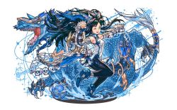 Rule 34 | 1girl, bare shoulders, black hair, blue eyes, china dress, chinese clothes, claws, dragon, dress, hair ornament, hino shinnosuke, horns, karin (p&amp;d), long hair, looking at viewer, md5 mismatch, official art, open mouth, pantyhose, puzzle &amp; dragons, resized, sharp teeth, simple background, skull, smile, solo, spiked knuckles, tail, teeth
