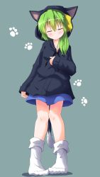 Rule 34 | 1girl, alternate costume, animal ears, animal hood, black hoodie, blue skirt, blush, bow, cat ears, cat hood, cat tail, closed eyes, closed mouth, commentary request, cookie (touhou), daiyousei, diyusi (cookie), expressionless, flat chest, full body, green hair, hair bow, hair over shoulder, highres, hood, hoodie, kurotsuki hiiragi, long hair, miniskirt, no shoes, paw print, paw print background, ponytail, skirt, sleeves past wrists, socks, solo, tail, touhou, white socks, yellow bow