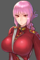 Rule 34 | 1girl, braid, breasts, fate/grand order, fate (series), florence nightingale (fate), folded ponytail, grey background, highres, large breasts, long hair, looking at viewer, military, military uniform, pink hair, red eyes, simple background, solo, uniform, wolffeld price