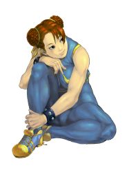Rule 34 | 1990s (style), 1girl, bare shoulders, bodysuit, bracelet, braid, brown eyes, brown hair, capcom, chinese clothes, chun-li, jewelry, leotard, ribbon, shoes, sitting, skin tight, smile, sneakers, solo, spandex, street fighter, street fighter zero (series), thick thighs, thighs, unitard