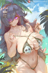 Rule 34 | 1girl, @ @, beach, bikini, black bikini, blue hair, blue sky, breasts, bursting breasts, closed mouth, collarbone, cowboy shot, creatures (company), cutesexyrobutts, day, dutch angle, game freak, glowing, glowing eyes, hair over one eye, hairband, hex maniac (pokemon), huge breasts, looking at viewer, nail polish, navel, navel piercing, nintendo, ocean, outdoors, palm tree, piercing, pokemon, pokemon xy, purple eyes, skindentation, sky, solo, standing, swimsuit, tree, wavy mouth