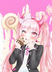 Rule 34 | 1girl, absurdres, black jacket, blush, bow, candy, child, collared jacket, collared shirt, cupcake, danganronpa (series), danganronpa another episode: ultra despair girls, eyebrows, eyelashes, fake horns, female focus, food, food on face, hair bow, hairband, hand to own mouth, hands up, headband, highres, holding, holding cupcake, holding food, horned hairband, horned headwear, horns, jacket, licking lips, lollipop, looking at viewer, matching hair/eyes, multicolored background, neck ribbon, pink background, pink bow, pink eyes, pink hair, pink hairband, pink headband, pink headwear, pink horns, pink ribbon, pink trim, polka dot, polka dot bow, ribbon, shirt, simple background, smile, solo, tongue, tongue out, twintails, upper body, utsugi kotoko, white background, white shirt