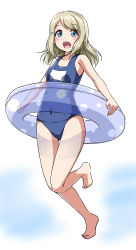 Rule 34 | 10s, 1girl, :d, ayase alisa, barefoot, blonde hair, blue eyes, covered erect nipples, eyebrows, full body, hair ornament, hairclip, highres, innertube, looking at viewer, love live!, love live! school idol project, name tag, navel, old school swimsuit, one-piece swimsuit, open mouth, school swimsuit, see-through, short hair, smile, solo, standing, standing on one leg, swim ring, swimsuit, tight clothes, yopparai oni