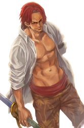 Rule 34 | 1boy, abs, amputee, arisue kanako, facial hair, male focus, muscular, one piece, open clothes, open shirt, pirate, red hair, saber (weapon), sash, scar, shanks (one piece), shirt, simple background, solo, sword, weapon, white background, white shirt