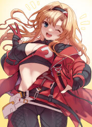 Rule 34 | 1girl, ;d, black gloves, black jacket, black pants, blonde hair, blue eyes, breasts, cleavage, commentary request, double v, ekra, gloves, granblue fantasy, hairband, highres, jacket, large breasts, long hair, looking at viewer, one eye closed, open mouth, pants, partially fingerless gloves, post guild war celebration, red gloves, red jacket, simple background, smile, solo, two-sided fabric, two-sided jacket, two-tone gloves, two-tone hairband, v, w, zeta (granblue fantasy)