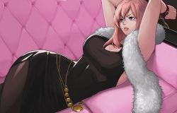 Rule 34 | 1girl, angry, arms up, bad id, bad pixiv id, bdsm, black pantyhose, blue eyes, bondage, bound, breasts, chain, chained, cleavage, couch, cuffs, dress, female focus, fur, huge breasts, lips, lipstick, long hair, makeup, original, pantyhose, parted lips, pink hair, sharlona, solo