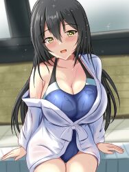 Rule 34 | 1girl, black hair, black one-piece swimsuit, blue one-piece swimsuit, breasts, brown eyes, chikuma (kancolle), competition swimsuit, covered navel, dated, highleg, highleg swimsuit, highres, impossible clothes, impossible swimsuit, kantai collection, large breasts, long hair, montemasa, multicolored clothes, multicolored swimsuit, one-piece swimsuit, open mouth, poolside, rei no pool, sitting, smile, solo, swimsuit, twitter username, two-tone swimsuit, wet, wet clothes, wet swimsuit, window