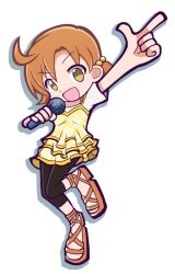 Rule 34 | 1girl, :d, ahoge, arm up, black pants, bow, brown eyes, brown footwear, brown hair, dot nose, dress, frilled dress, frills, full body, hair bobbles, hair bow, hair ornament, hand up, holding, holding microphone, idolmaster, idolmaster million live!, idolmaster million live! theater days, index finger raised, leg up, looking at viewer, maharagi 375p, microphone, open mouth, orange hair, pants, puyopuyo, sandals, shirt, short hair, short sleeves, simple background, smile, solo, standing, standing on one leg, v-shaped eyebrows, white background, white shirt, yabuki kana, yellow bow, yellow dress, yellow eyes