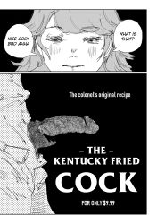 Rule 34 | 1boy, 1girl, absurdres, colonel sanders, english text, erection, fried chicken, greyscale, highres, hololive, hololive english, kfc, monochrome, mutation, penis, price, pubic hair, right-to-left comic, speech bubble, takanashi kiara, virtual youtuber, what, xyanaid