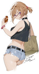 Rule 34 | 1girl, artist name, ass, bag, bare shoulders, black choker, black shirt, breasts, brown hair, choker, closed mouth, commission, cropped legs, dated, doughnut, earrings, food, from behind, girls&#039; frontline, glasses, grizzly mkv (girls&#039; frontline), highres, holding, holding food, jewelry, looking at viewer, looking back, medium breasts, midriff, purple eyes, second-party source, shirt, short hair, short ponytail, short shorts, shorts, shoulder bag, signature, sola7764, solo, tank top, torn clothes, torn shorts, wristband