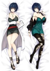 Rule 34 | 1girl, bare arms, bare shoulders, belt, black dress, black hair, black jacket, black pantyhose, blush, breasts, choker, cleavage, coat, dakimakura (medium), doctor, dress, finger to mouth, full body, goth fashion, green dress, grin, high heels, jacket, jewelry, knee up, knees together feet apart, lab coat, large breasts, legs, looking at viewer, lying, medium hair, moeanime, necklace, no bra, off shoulder, on back, pantyhose, persona, persona 5, red eyes, smile, solo, spaghetti strap, strap slip, takemi tae, torn clothes, torn legwear, torn pantyhose, white coat