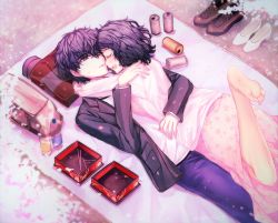 Rule 34 | 1boy, 1girl, :d, amamiya ren, bag, barefoot, black eyes, black hair, black jacket, blush, bottle, box, brown footwear, can, cherry blossoms, chopsticks, commentary request, couple, day, denim, dress, drink can, duffel bag, feet up, floral print, from above, girl on top, hetero, highres, hug, jacket, jeans, kawakami sadayo, lying, on stomach, one-piece swimsuit, one eye closed, open clothes, open jacket, open mouth, outdoors, pants, parted lips, persona, persona 5, petals, pink dress, print dress, shirt, shoes, short hair, sideways mouth, smile, soda can, soles, spring (season), swimsuit, twitter username, unworn shoes, white footwear, white jacket, white shirt, yaoto
