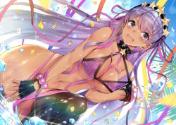 Rule 34 | 1girl, bb (fate), bb (fate) (all), bb (swimsuit mooncancer) (fate), bb (swimsuit mooncancer) (second ascension) (fate), bikini, bikini pull, bikini top only, black legwear, blush, bottomless, breasts, clothes pull, day, dutch angle, fate/grand order, fate (series), fingerless gloves, gloves, hairband, highres, large breasts, long hair, looking at viewer, outdoors, purple bikini, purple eyes, purple hair, purple ribbon, ribbon, shiny skin, solo, star (symbol), swimsuit, tan, teddy (khanshin), very long hair