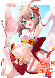 Rule 34 | 1girl, absurdres, ahoge, animal ears, aqua eyes, armpits, bare shoulders, bell, blurry, blurry background, bow, breasts, cherry blossoms, cropped kimono, crossed bangs, detached sleeves, dutch angle, eyelashes, falling petals, fang, floral print, foot out of frame, frills, gohei, hair between eyes, highres, hip vent, holding, hololive, japanese clothes, jingle bell, kimono, long hair, looking at viewer, midriff, multicolored hair, natsuiro matsuri, natsuiro matsuri (new year), navel, new year, no shoes, nontraditional miko, obi, obijime, official alternate costume, open mouth, orange sash, petals, rabbit ears, red bow, sash, sideboob, sleeveless, sleeveless kimono, small breasts, socks, solo, standing, standing on one leg, stomach, streaked hair, striped, striped bow, tabi, twitter username, virtual youtuber, white hair, white kimono, white socks, wide sleeves, yoshie eneko