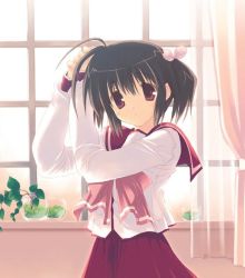 Rule 34 | 00s, 1girl, ahoge, bow, curtains, expressionless, hairdressing, indoors, long sleeves, looking at viewer, plant, pot, red eyes, school uniform, serafuku, short hair, skirt, solo, to heart (series), to heart 2, twintails, window, yuzuhara konomi